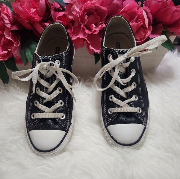 Black Leather Low Top Converse Shoes - Picture 2 of 7